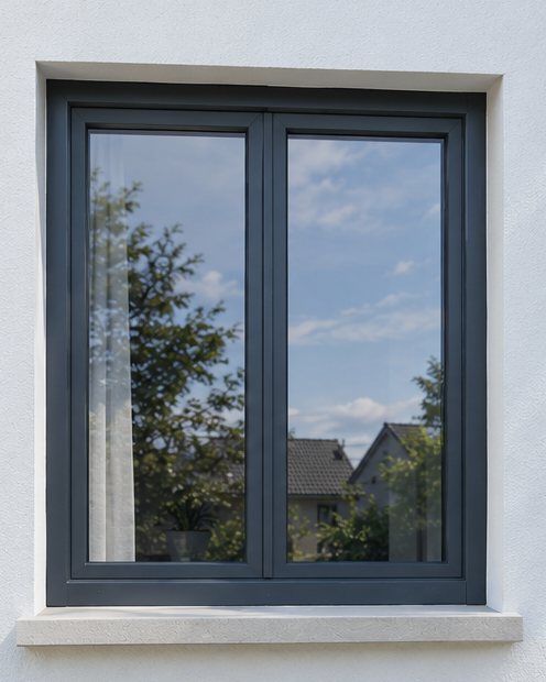 Fenêtre deux vantaux gris anthracite sur une façade blanche